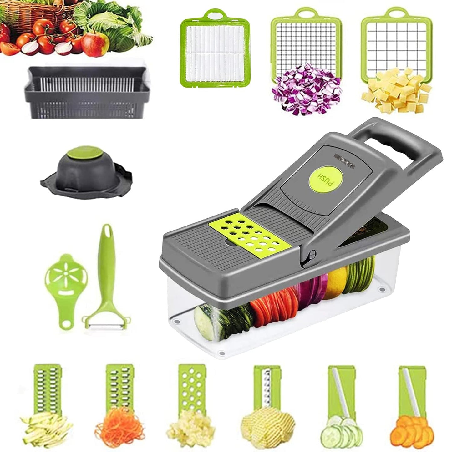PICADOR MULTIFUNCIONAL DE VERDURAS Y FRUTAS 14 EN 1