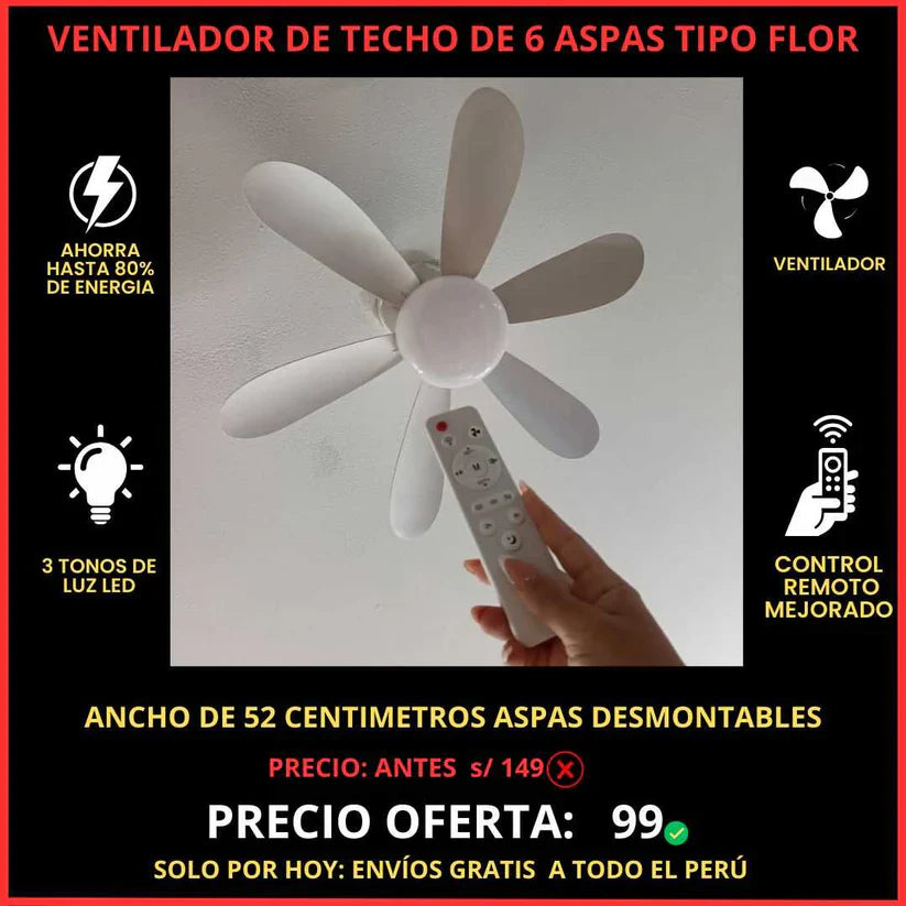 Ventilador de 6 Aspas con Foco Led Ahorrador + Control Remoto